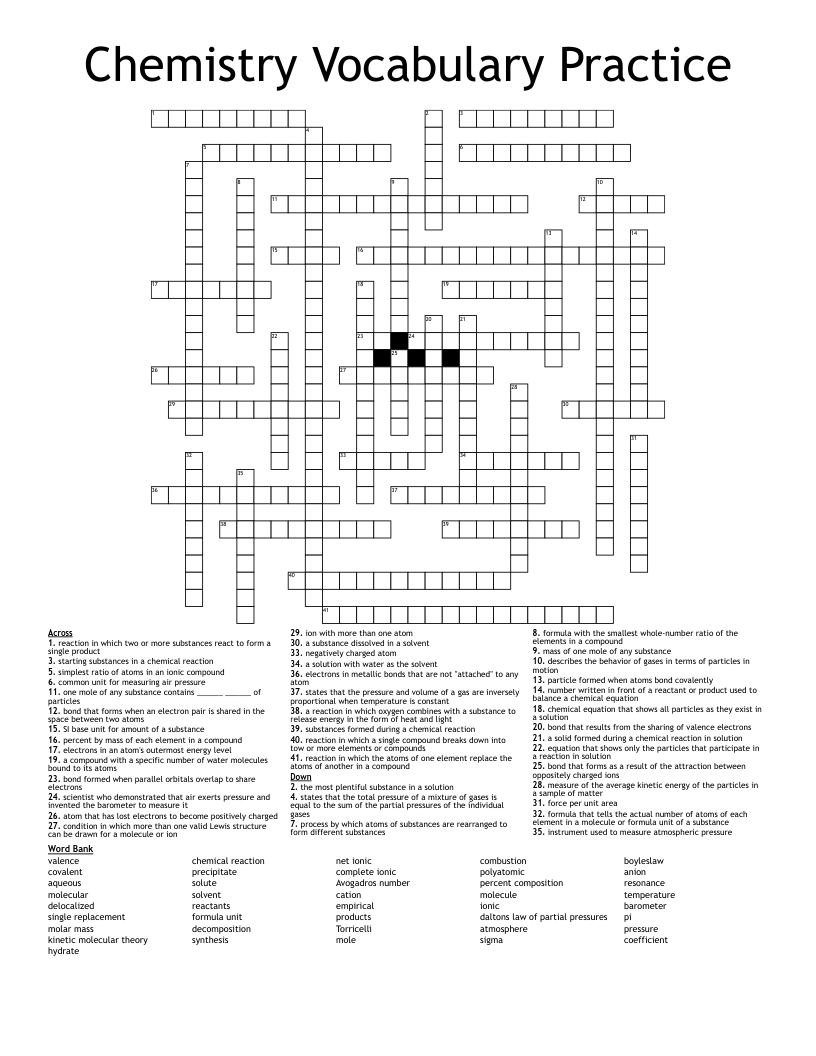 Chemistry Vocabulary Practice Crossword