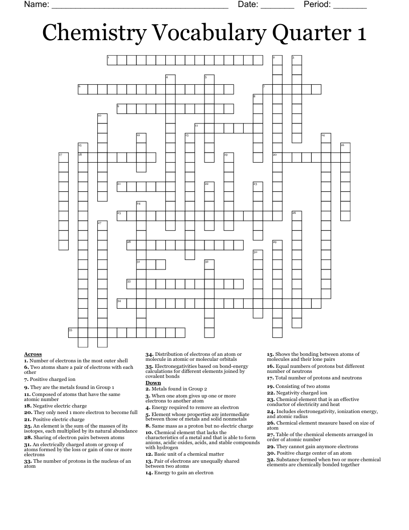 Chemistry Vocabulary Quarter 1 Crossword