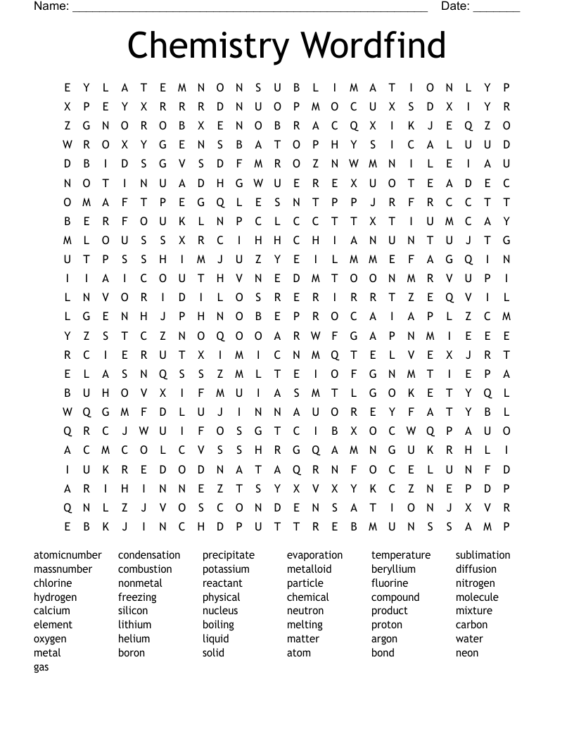 Chemistry Wordfind Word Search