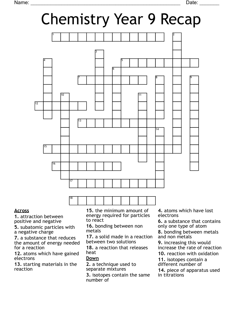 Chemistry Year 9 Recap Crossword