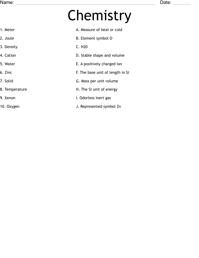 Chemistry  Worksheet