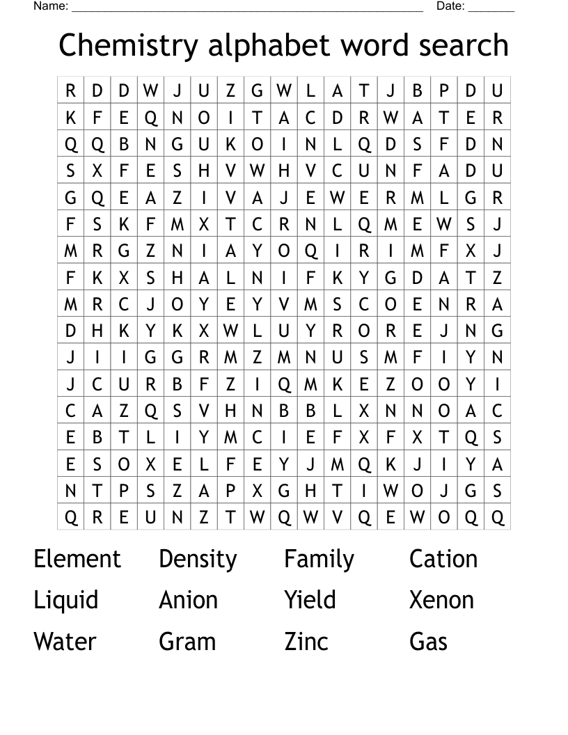 Chemistry alphabet word search