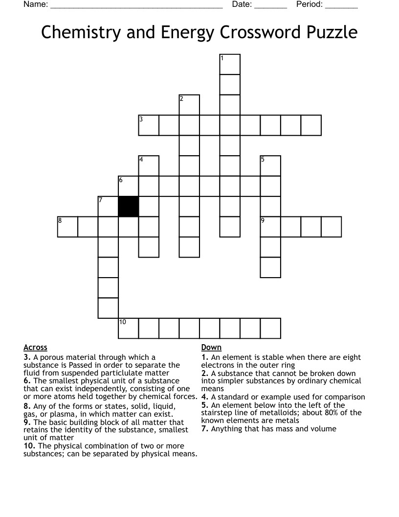 Chemistry and Energy Crossword Puzzle