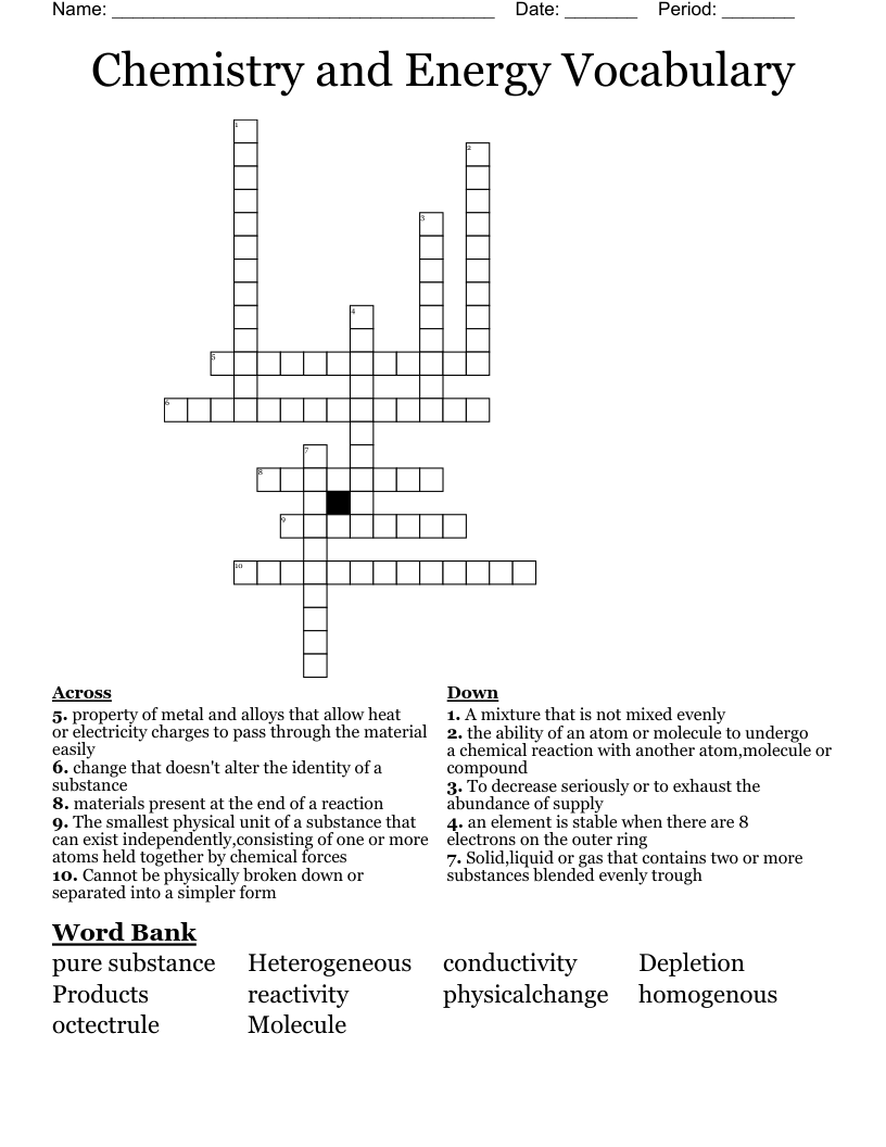 Chemistry and Energy Vocabulary Crossword
