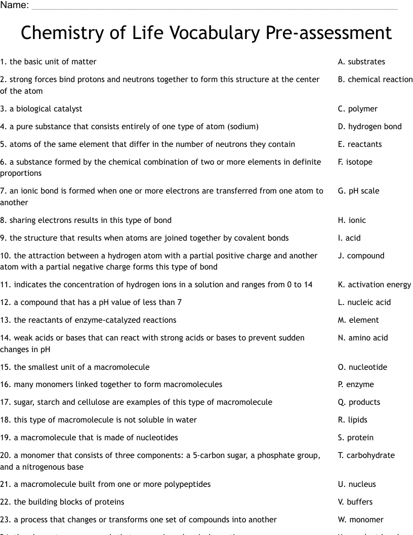 Chemistry of Life Vocabulary Pre-assessment Worksheet