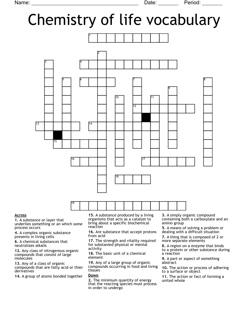 Chemistry of life vocabulary  Crossword