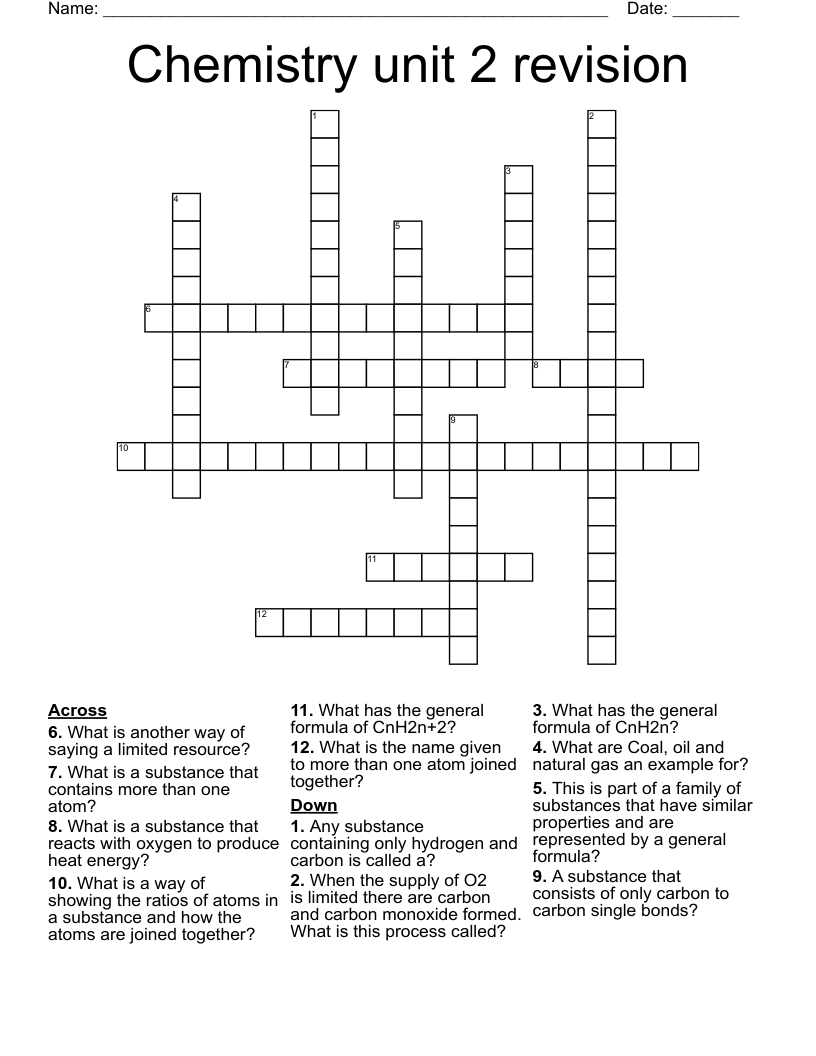 Chemistry unit 2 revision Crossword
