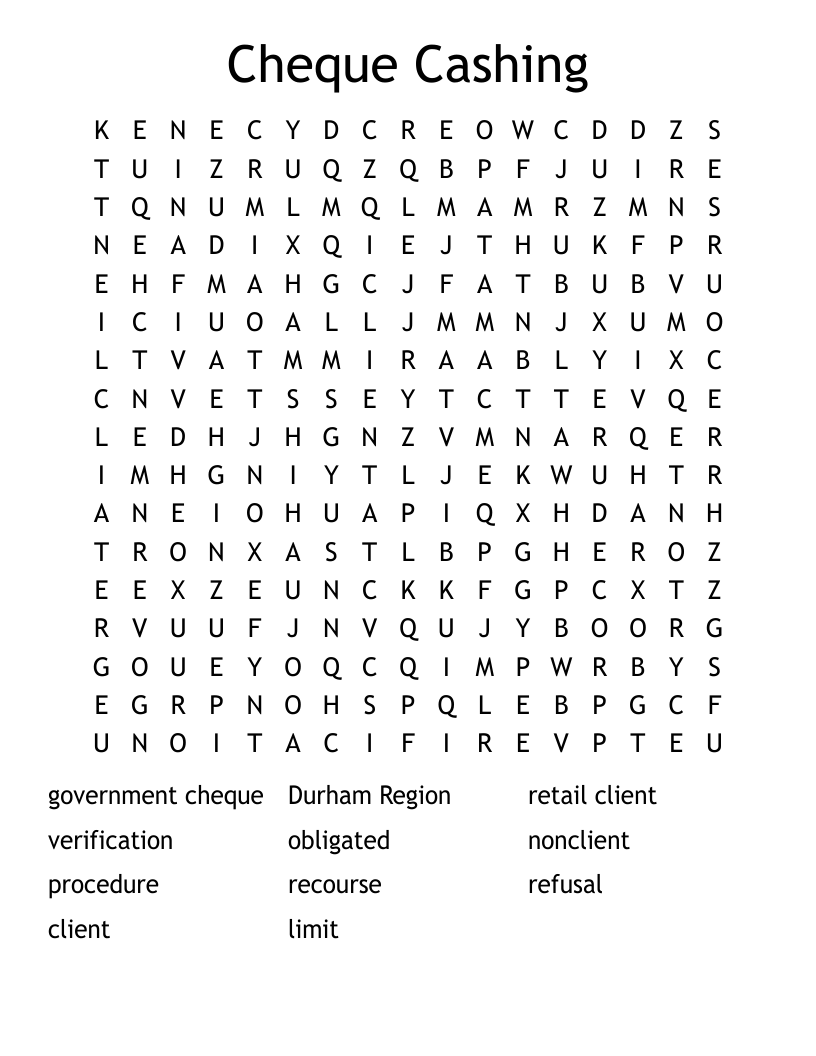 Cheque Cashing Word Search