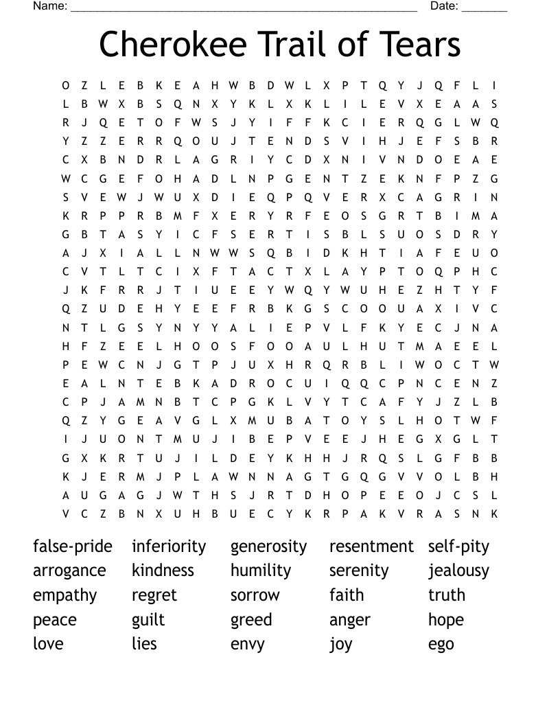 Cherokee Trail of Tears Word Search