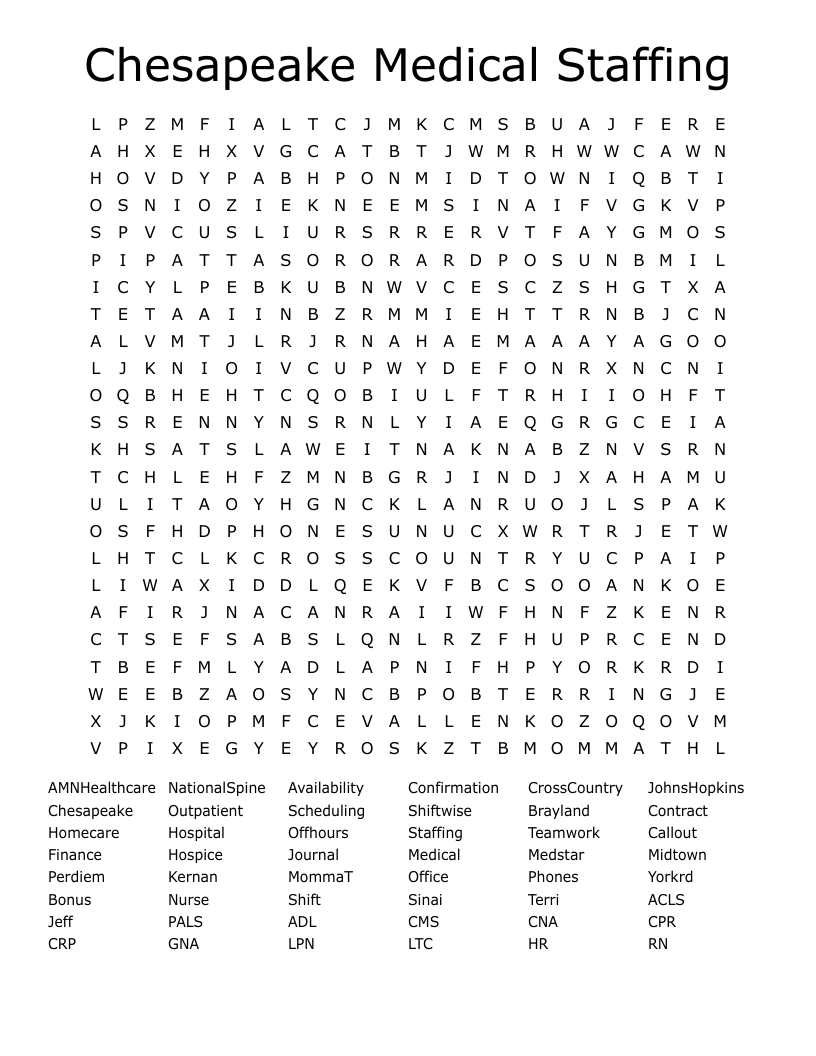 Chesapeake Medical Staffing Word Search
