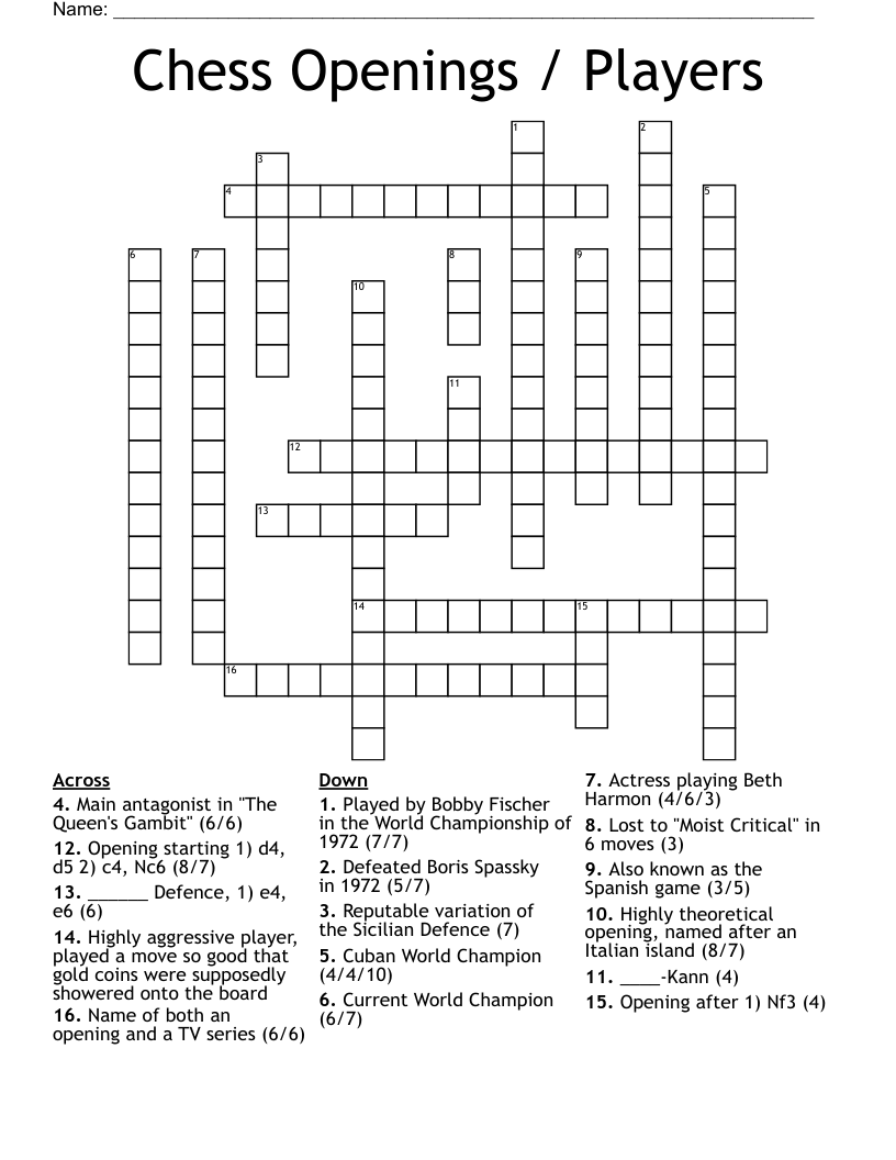 Chess Openings / Players Crossword