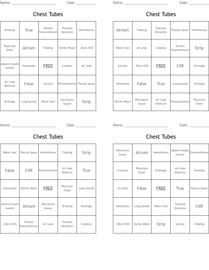 Chest Tubes Bingo Cards