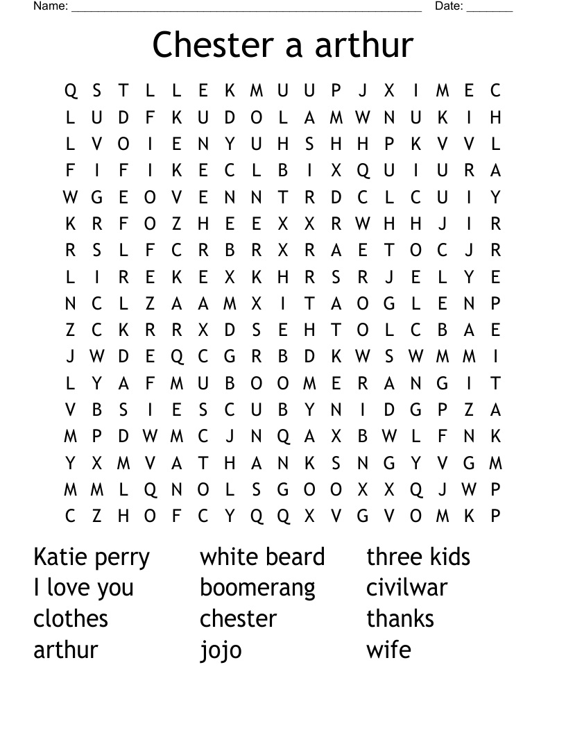 Chester a arthur Word Search