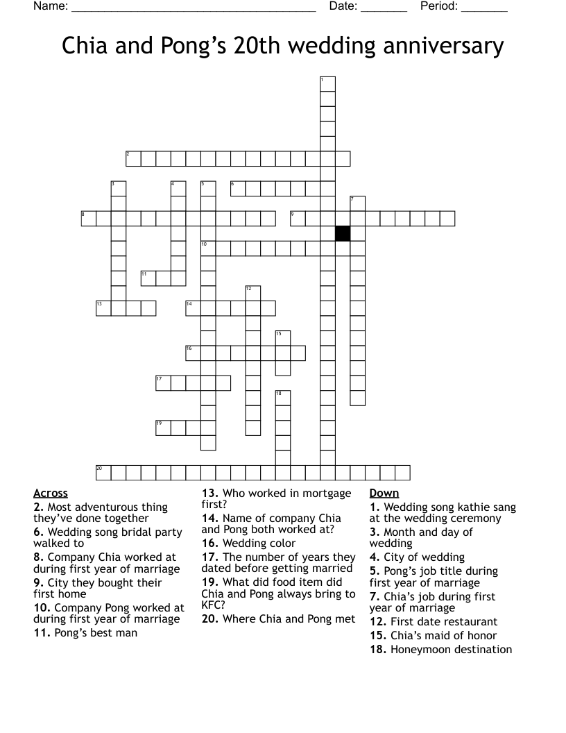 Chia and Pong’s 20th wedding anniversary  Crossword