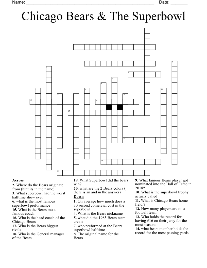 Chicago Bears & The Superbowl Crossword