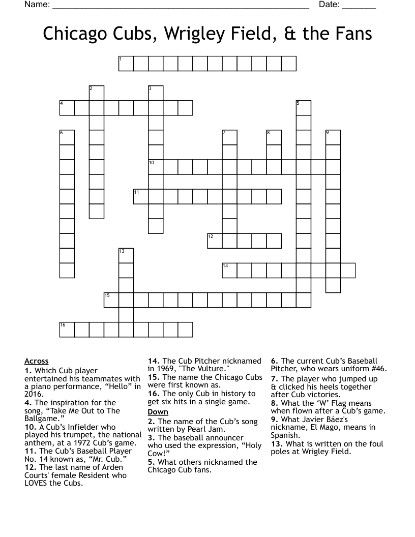 Chicago Cubs, Wrigley Field, & the Fans Crossword