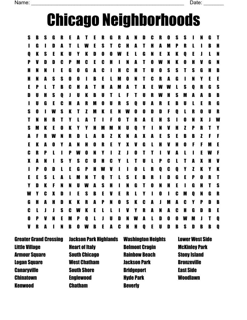 Chicago Neighborhoods Word Search