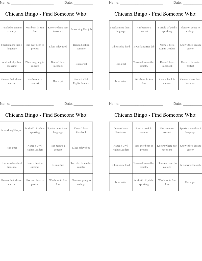 Chicanx Bingo - Find Someone Who: 