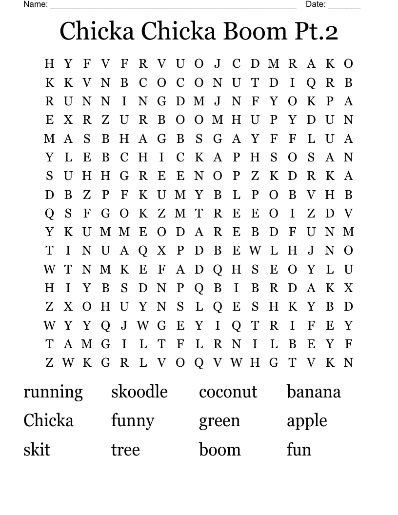 Chicka Chicka Boom Pt.2  Word Search