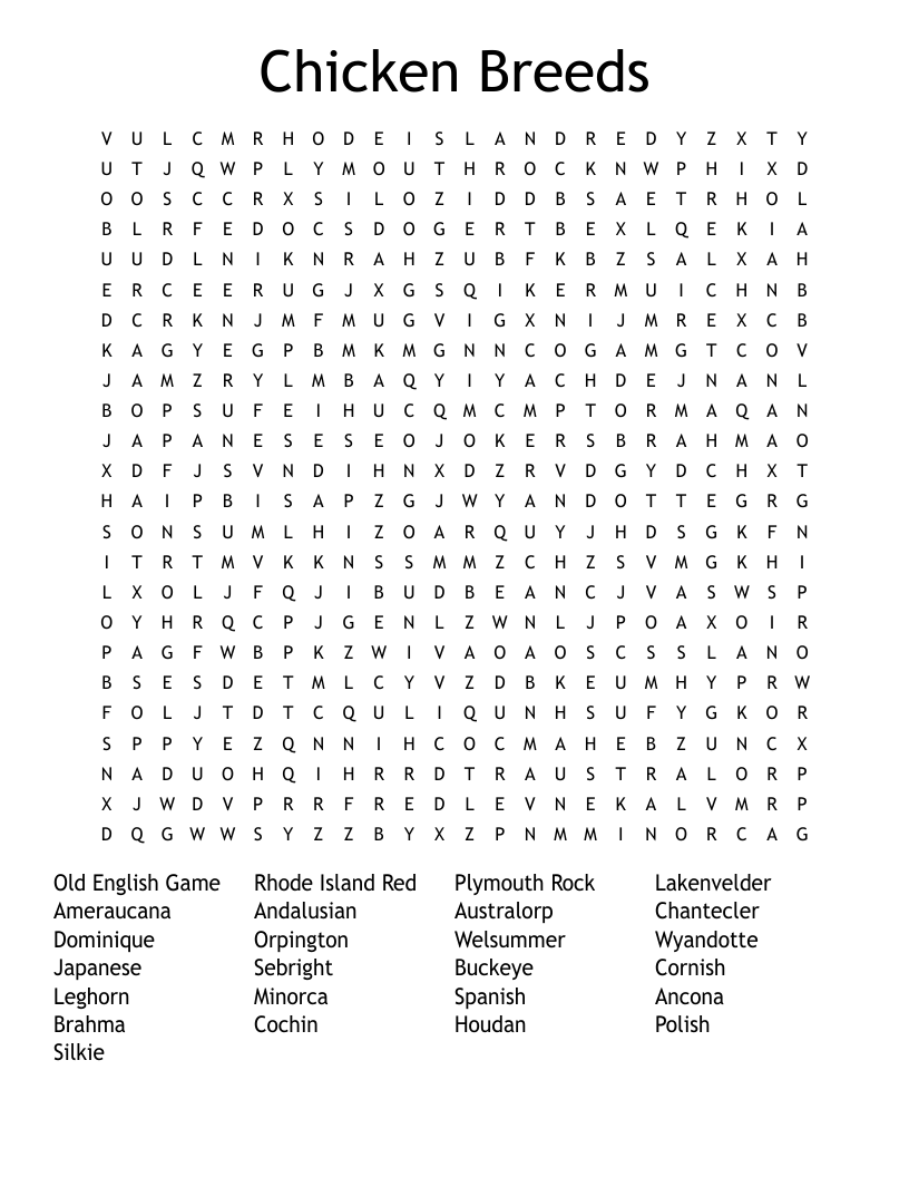 Chicken Breeds Word Search