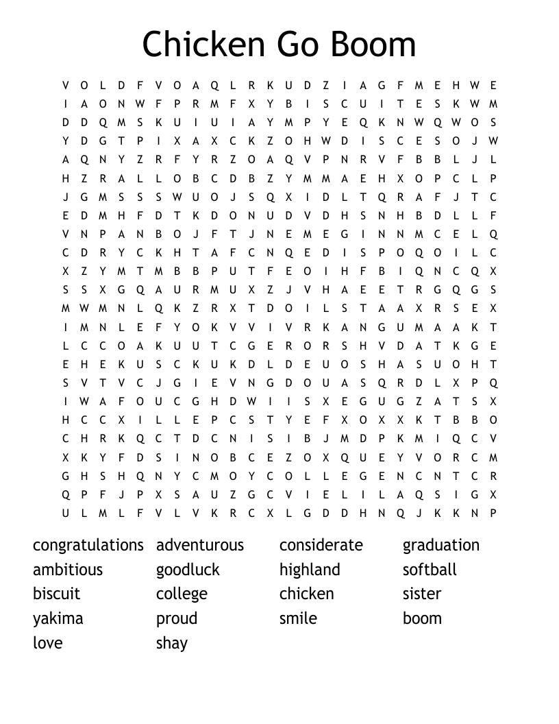 Chicken Go Boom Word Search