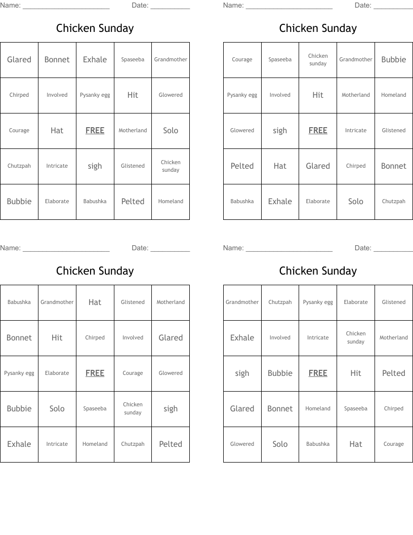 Chicken Sunday Bingo Cards