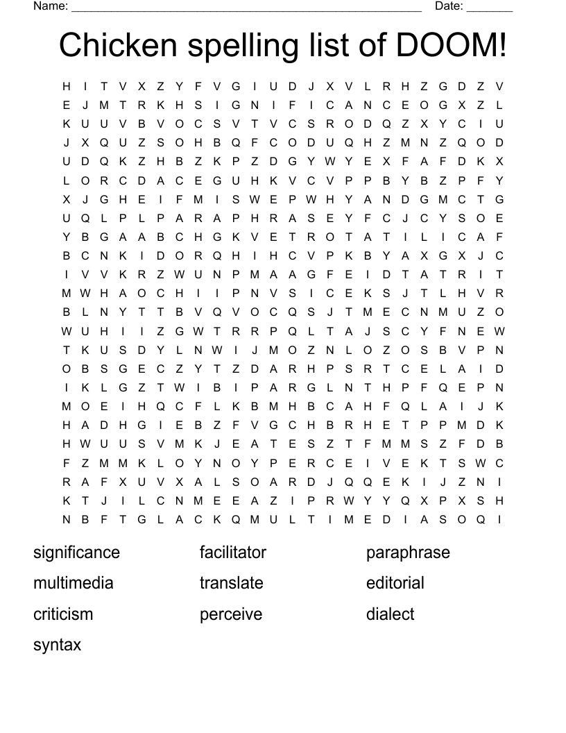 Chicken spelling list of DOOM! Word Search