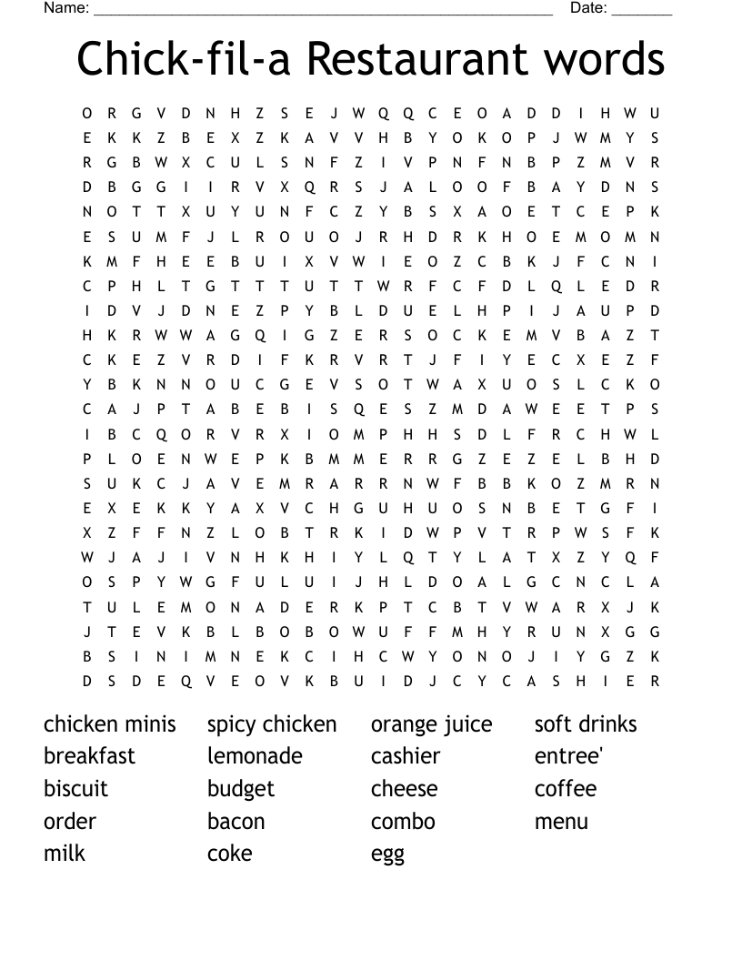 Chick-fil-a Restaurant words Word Search