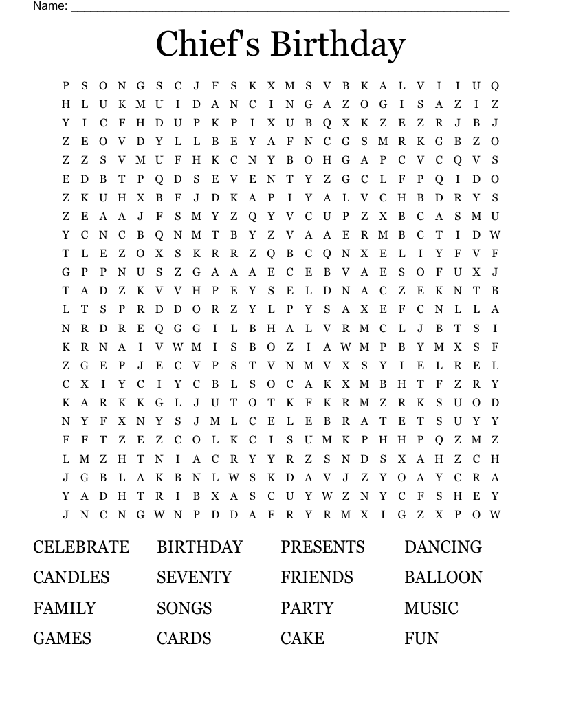 Chief's Birthday Word Search