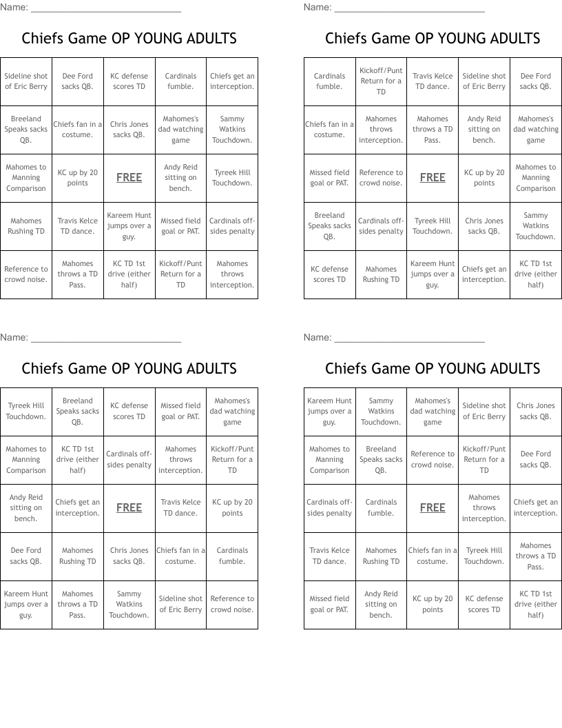Chiefs Game OP YOUNG ADULTS Bingo Cards