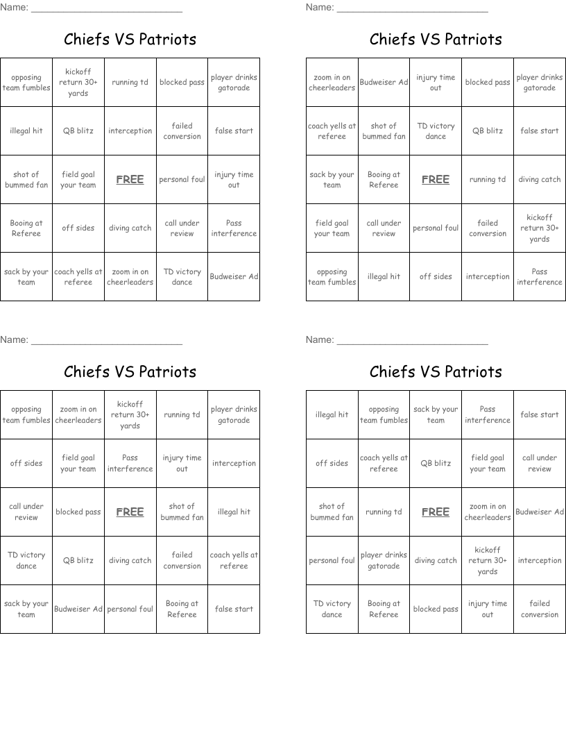 Chiefs VS Patriots Bingo Cards