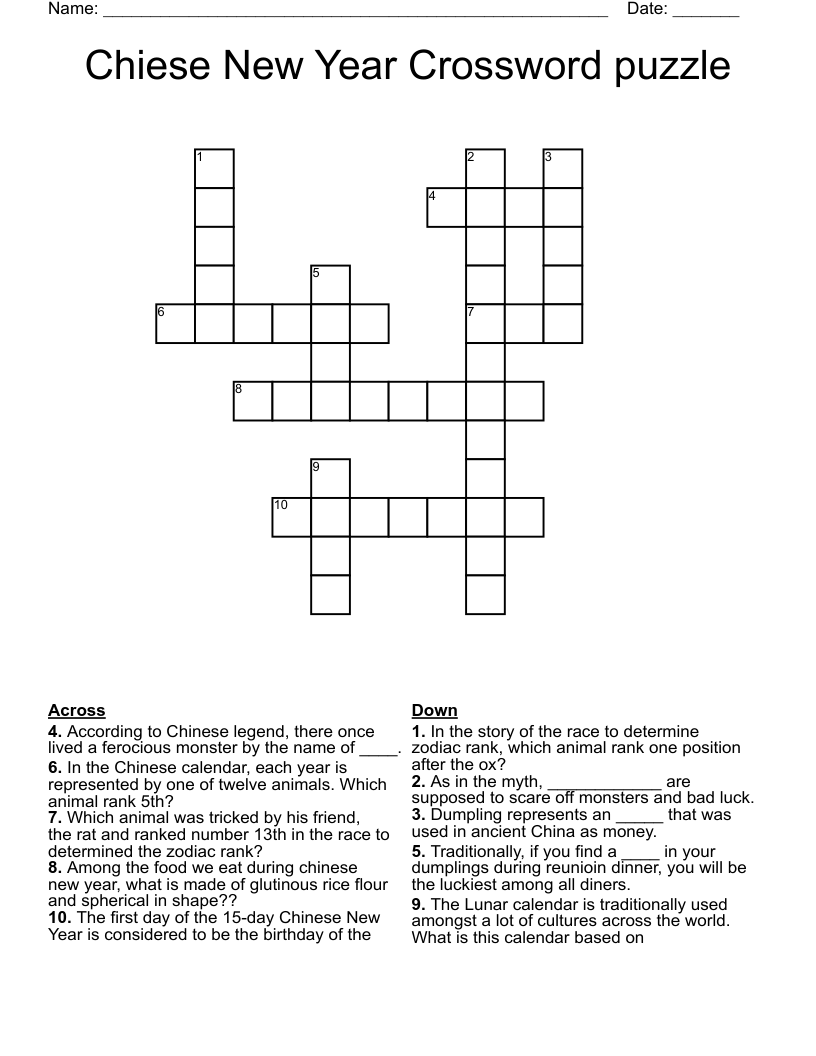 Chiese New Year Crossword puzzle