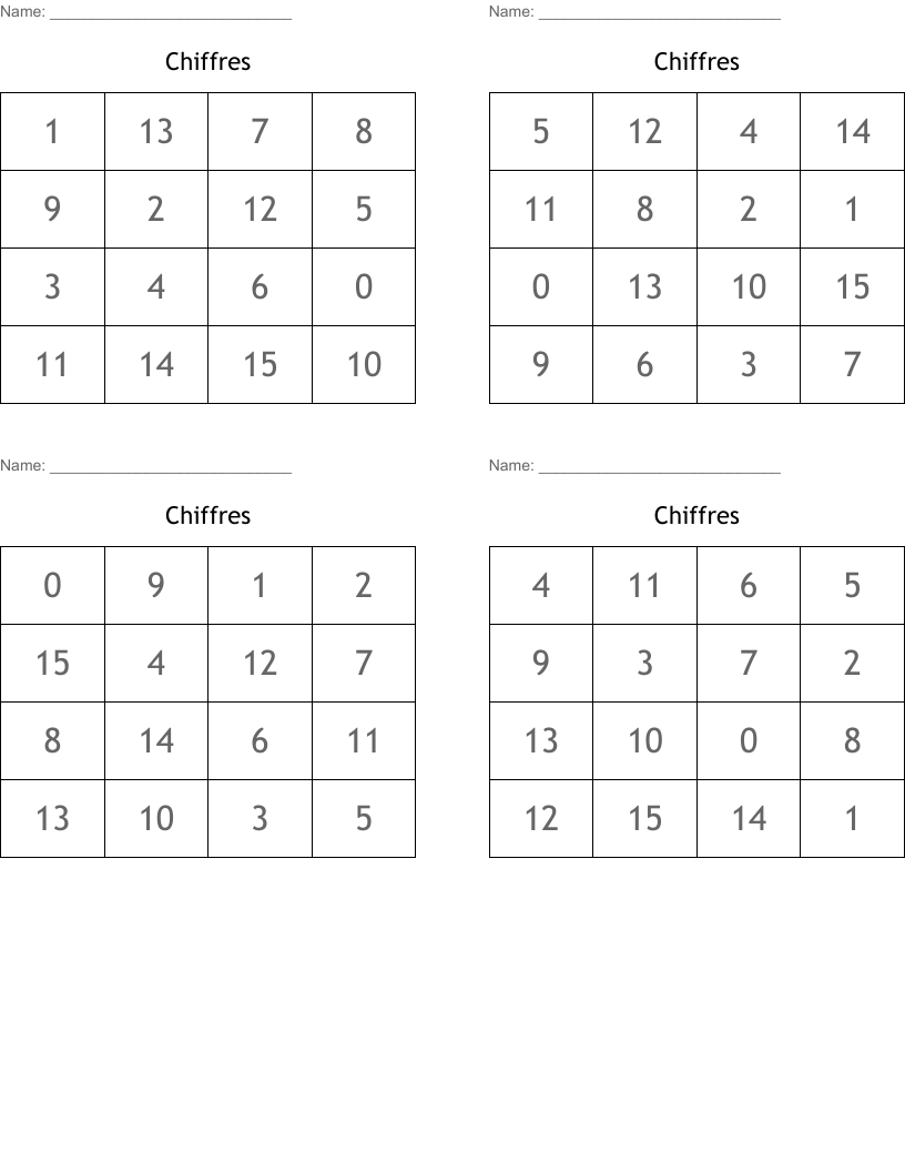Chiffres Bingo Cards