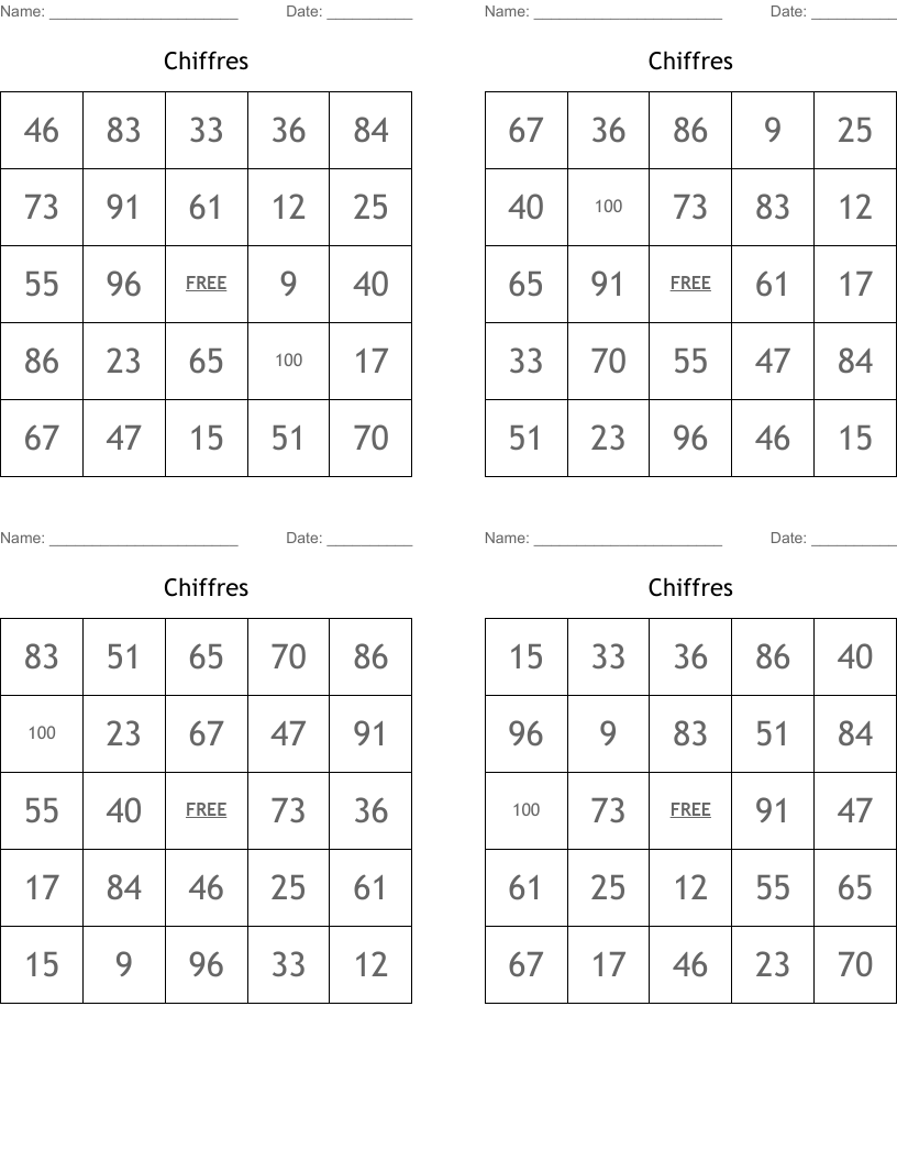 Chiffres Bingo Cards