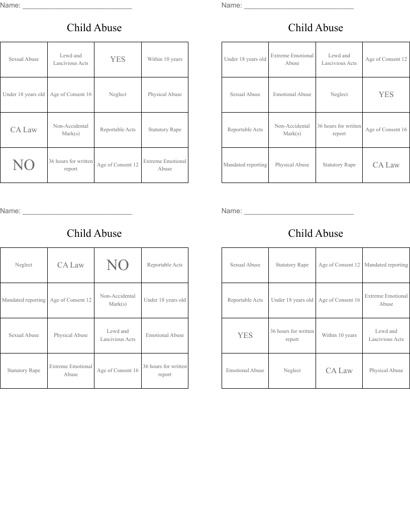 Child Abuse Bingo Cards