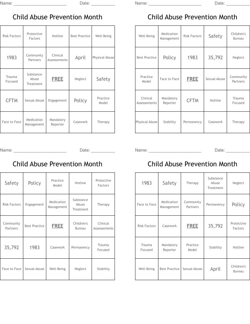 Child Abuse Prevention Month Bingo Cards