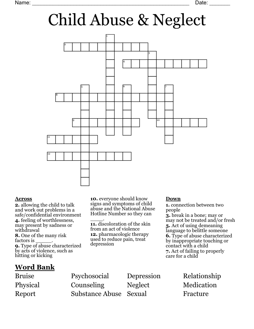 Child Abuse & Neglect  Crossword