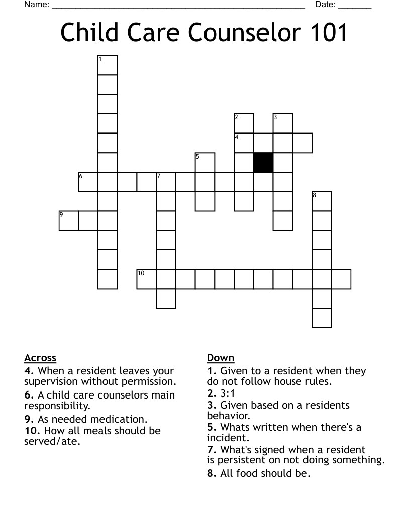 Child Care Counselor 101 Crossword
