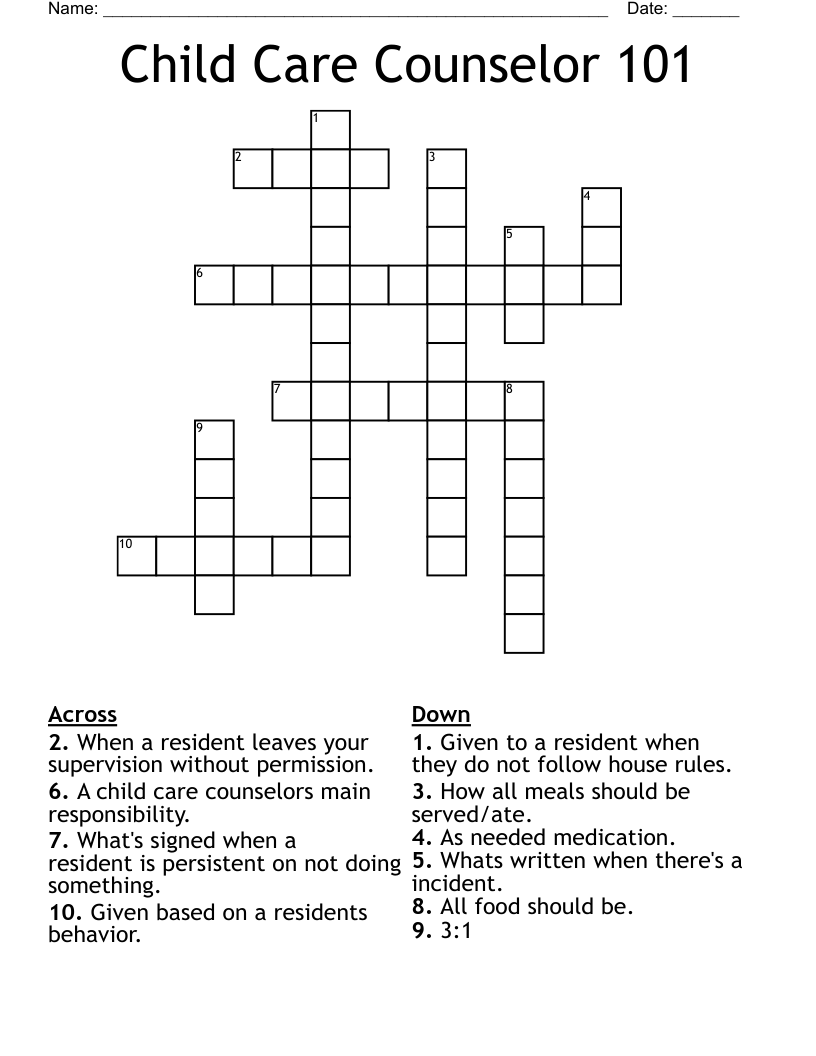 Child Care Counselor 101 Crossword