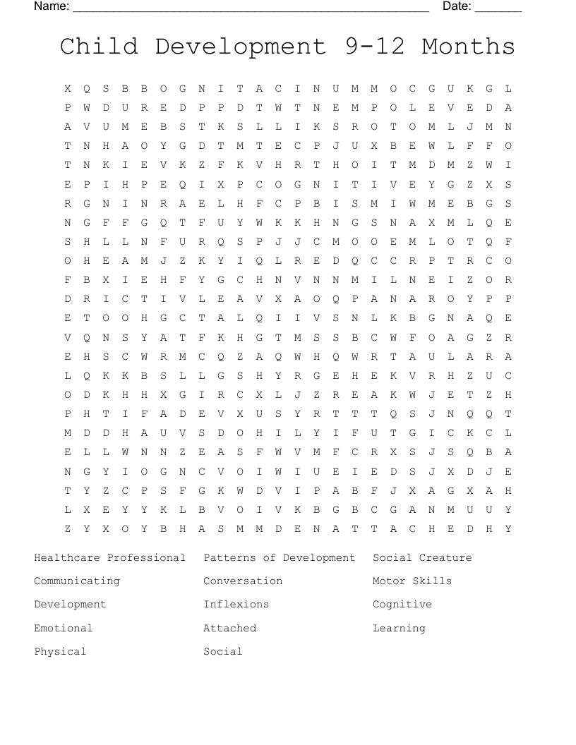 Child Development 9-12 Months Word Search