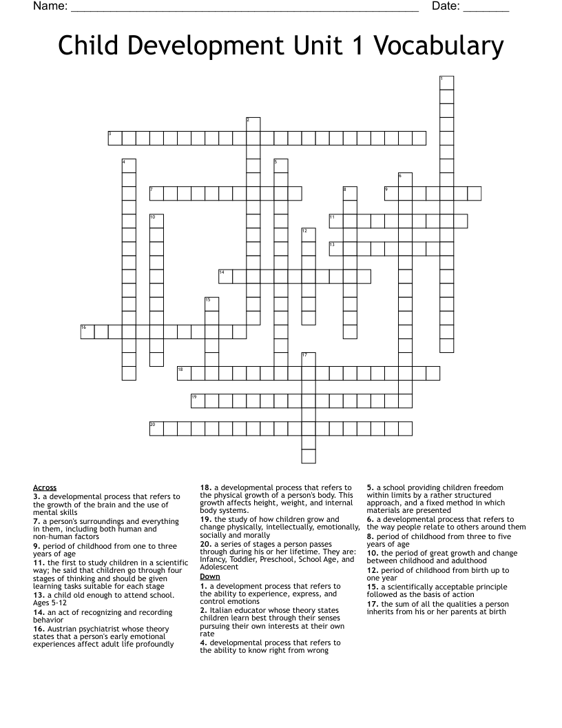 Child Development Unit 1 Vocabulary Crossword