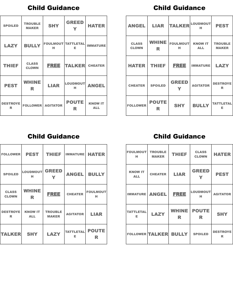 Child Guidance Bingo Cards