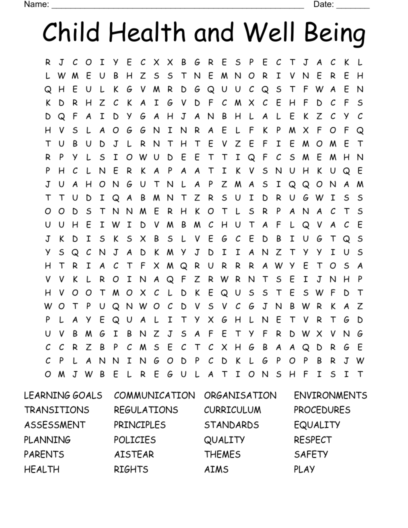Child Health and Well Being Word Search