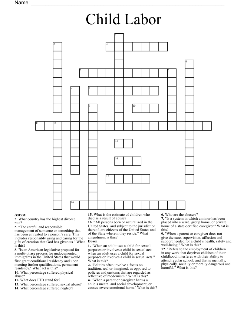 Child Labor Crossword