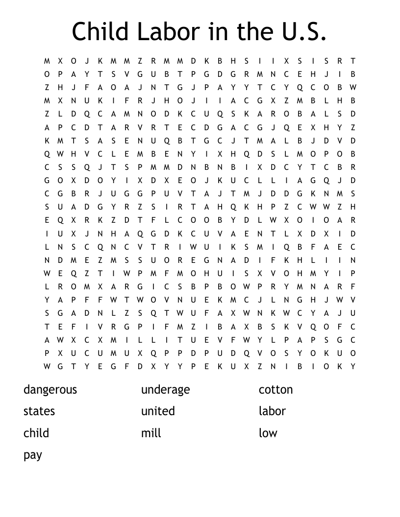 Child Labor in the U.S. Word Search