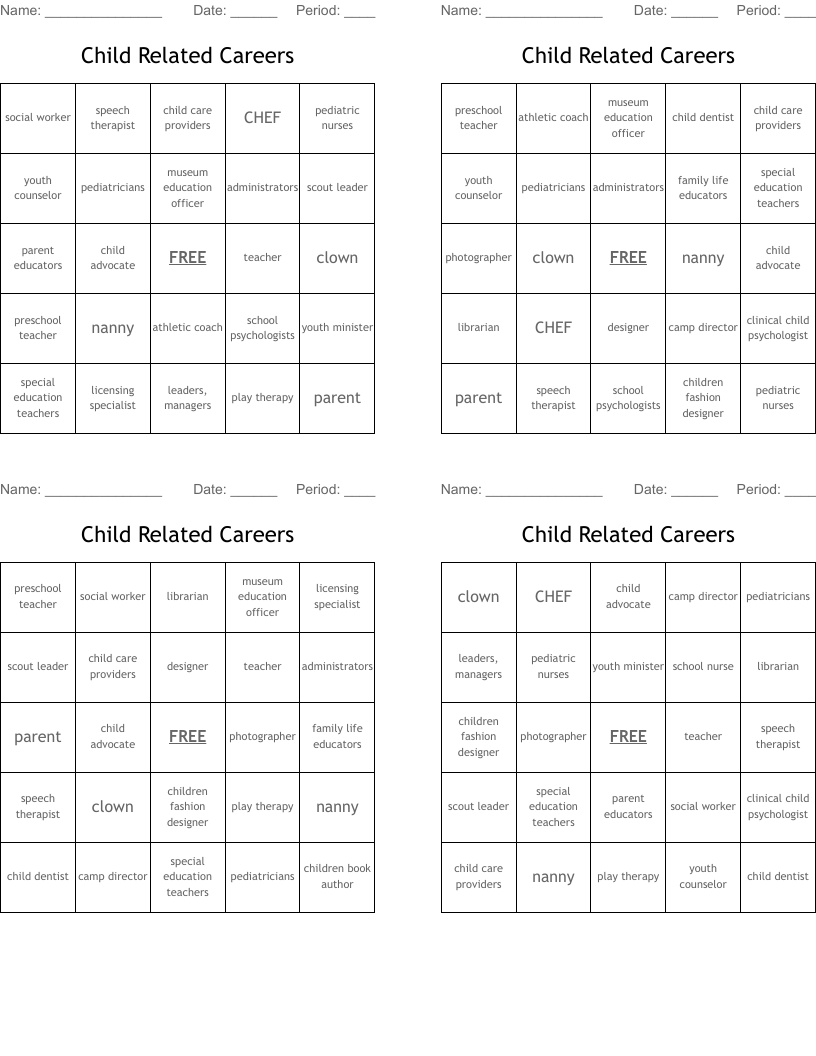 Child Related Careers Bingo Cards