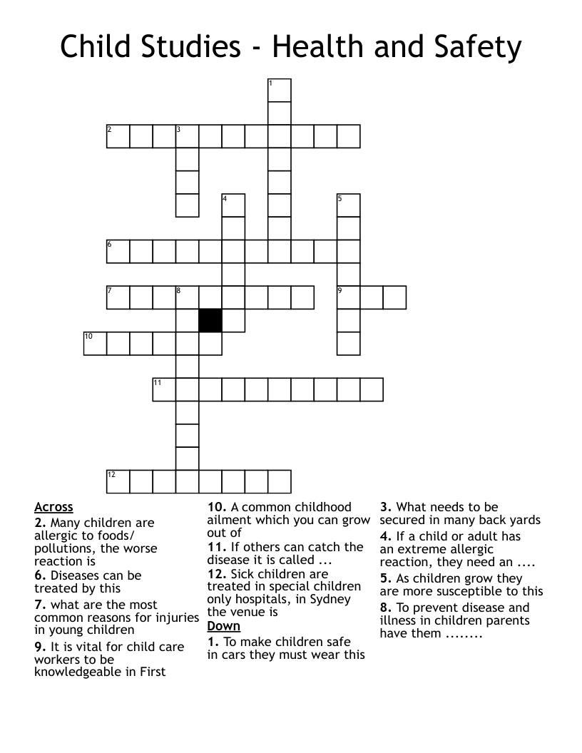 Child Studies - Health and Safety Crossword