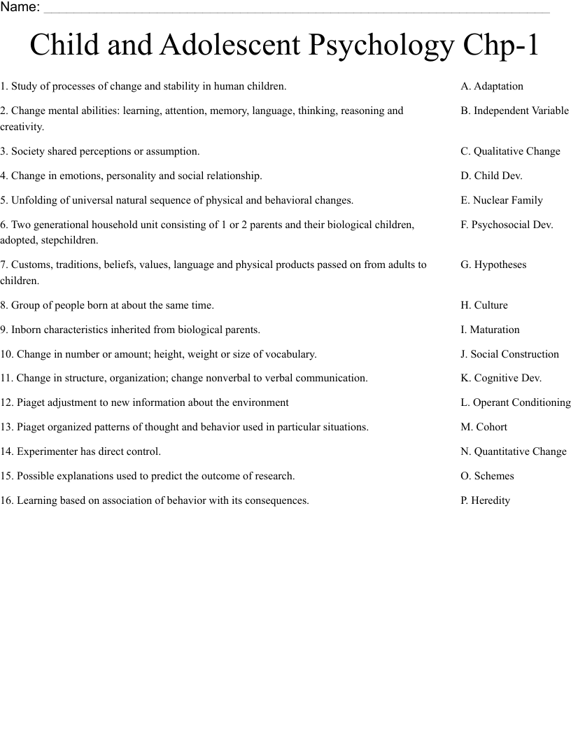Child and Adolescent Psychology Chp-1 Worksheet