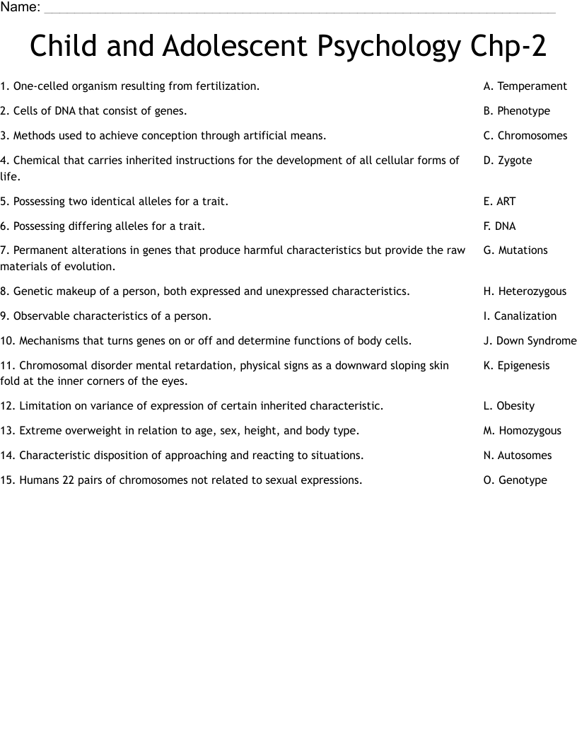 Child and Adolescent Psychology Chp-2 Worksheet