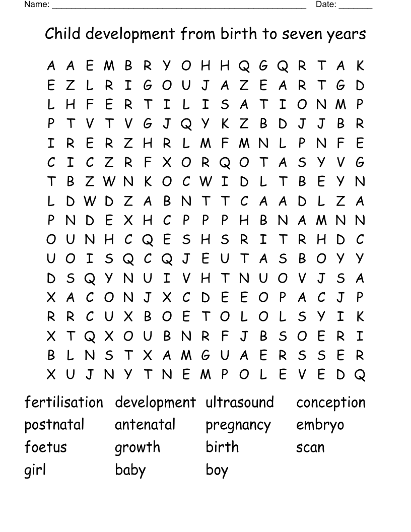 Child development from birth to seven years  Word Search